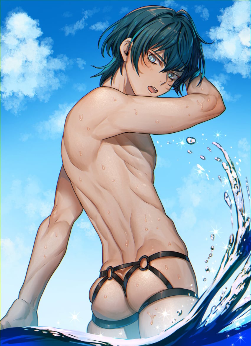 1boy absurdres arm_up ass back back_muscles blue_eyes blush byleth_(fire_emblem) byleth_(fire_emblem)_(male) byleth_(male)_(fire_emblem) cloud commentary_request dimples_of_venus fire_emblem fire_emblem:_three_houses green_hair hair_between_eyes highres human human_only light-skinned_male light_skin looking_back male male_focus male_only nintendo no_visible_genitalia none_(kameko227) open_mouth pretty_boy skinny sky solo solo_male teeth toned toned_male twitter_link uneven_eyes upper_teeth_only water water_drop wet wolf_cut