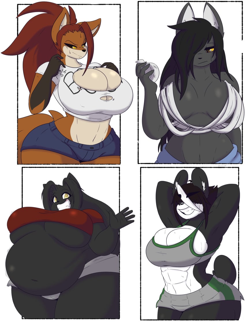 abs allyson_(dewwydartz) bbw big_breasts breasts cleavage dee(dewwydartz) dewwydarts dewwydartz felid feline female fox furry huge_breasts maddie(dewwydartz) mai_(dewwydartz) original_character overweight overweight_female panda ripped_clothing tagme thick_thighs underboob wide_hips wolf