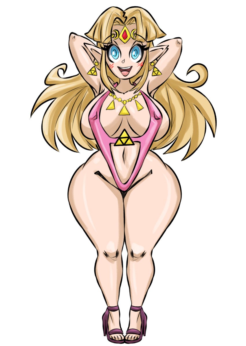 blonde_hair blue_eyes blush breasts cleavage female female_only long_hair maikyoh necklace nintendo princess_zelda sling_bikini the_legend_of_zelda wide_hips zelda_(a_link_between_worlds)