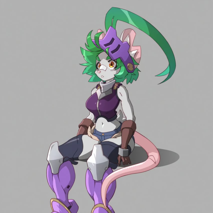 1:1 2020s 2024 animated animated_png anthro armor bottomwear bouncing_breasts breasts clothing dansyron ear_tuft female flashing flashing_breasts fur green_hair grey_body grey_fur hair long_tail looking_at_viewer mammal matilda_(dansyron) murid murine rodent short_playtime shorts sitting solo tail tuft