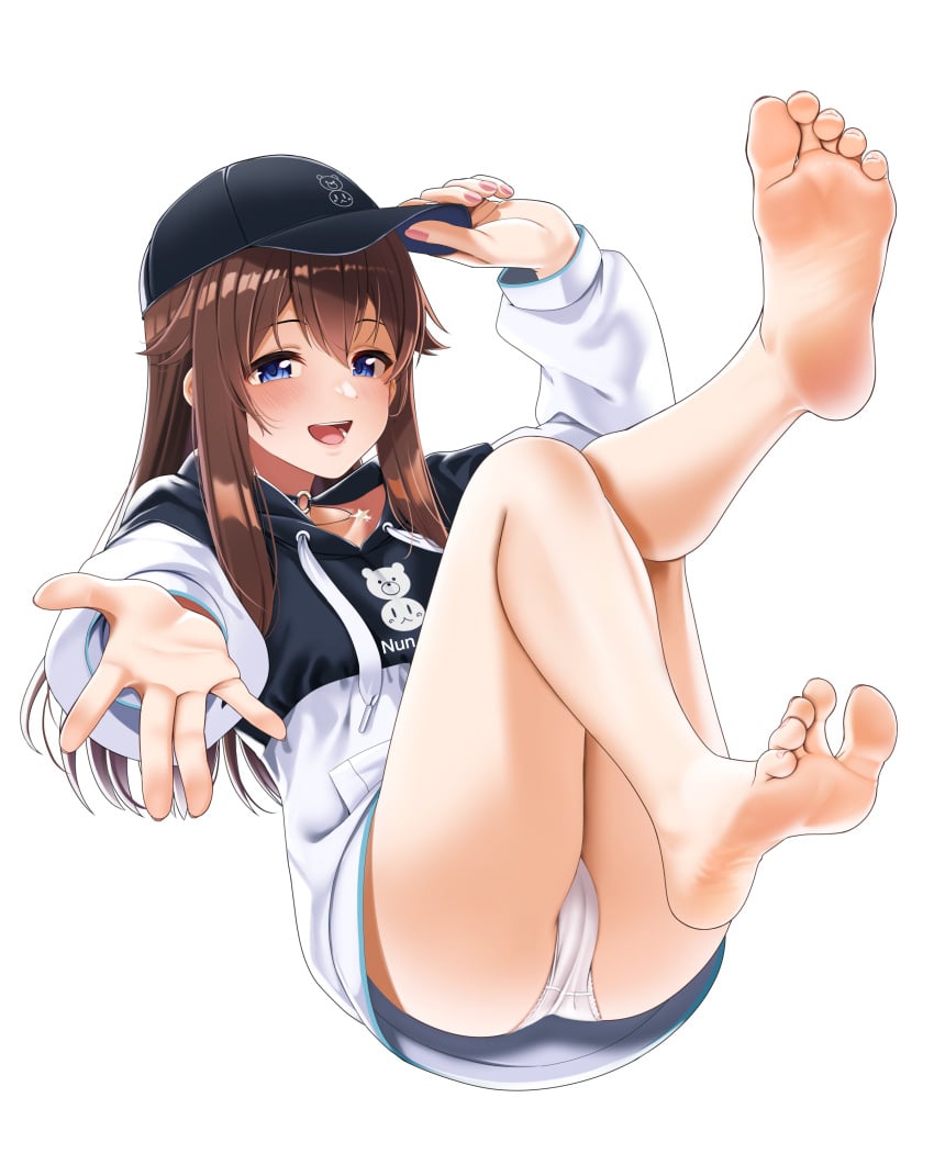 baseball_cap blush brown_hair casino_(casinoep) feet feet_up hololive hololive_japan jacket nail_polish panties smiling_at_viewer soles toes tokino_sora