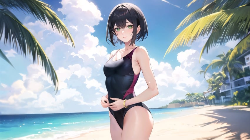 17_studio 2023 ai_generated beach black_hair dark_hair game_cg green_eyes hentai_project hitomi_(hentai_project) official_art short_hair small_breasts swimsuit tagme