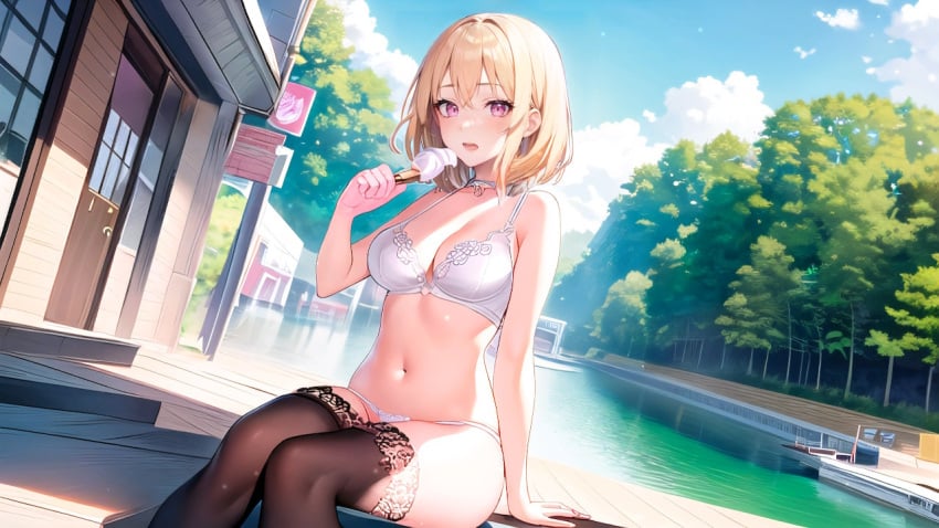 17_studio 2023 ai_generated big_breasts blonde_hair blue_eyes bra breasts hentai_project ice_cream keiko_(hentai_project) legwear lingerie open_mouth panties park short_hair sitting sitting_on_lap tagme water