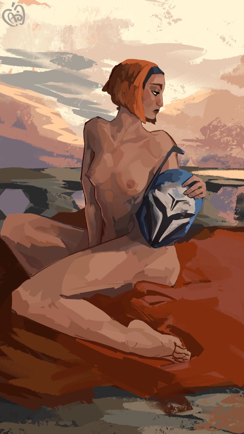 1girls applesauce_jack bo-katan_kryze breasts headband helmet mandalorian nipples nude outdoors red_hair star_wars star_wars:_the_clone_wars