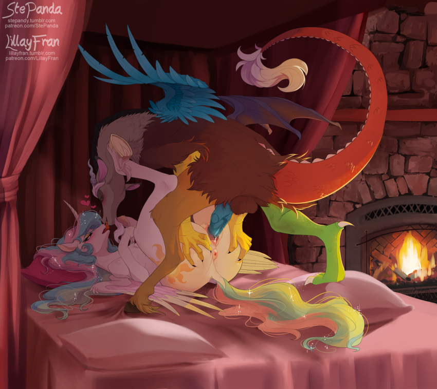 2017 alicorn anus ass bed bedroom black_hair blue_feathers blue_penis blush claws collaboration cutie_mark discord_(mlp) dock draconequus duo equine eye_contact facial_hair feathered_wings feathers female feral fetlocks fireplace friendship_is_magic fur goatee hair heart hooves horn inside kissing lillayfran long_hair lying male male_penetrating mammal membranous_wings multicolored_hair multicolored_tail my_little_pony on_back on_bed penetration penis pillow princess_celestia_(mlp) pussy sex stepandy straight tail_tuft tuft underhoof vaginal_penetration white_feathers wings