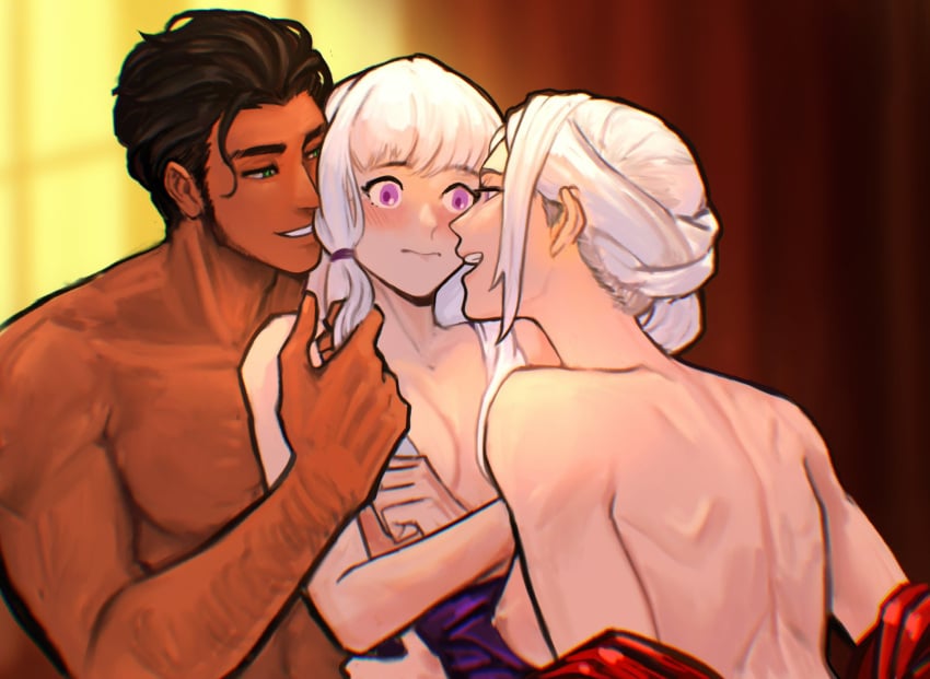 1boy 2girls bare_back bare_shoulders bisexual_female blurry blurry_background blush braid breasts claude_von_riegan dark-skinned_male dark_skin edelgard_von_hresvelg ffm_threesome fire_emblem fire_emblem:_three_houses green_eyes group_sex highres long_hair looking_at_another loose_clothes lysithea_von_ordelia medium_breasts multiple_girls open_mouth purple_eyes purple_robe red_robe robe sethkiel small_breasts smile threesome topless_male white_hair