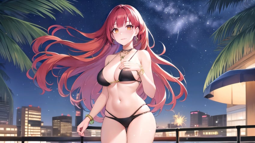 17_studio 2023 ai_generated big_breasts blush breasts city_background earrings ema_(hentai_project) fireworks game_cg green_eyes hentai_project long_hair night official_art red_hair sky smile standing stars swimsuit tagme