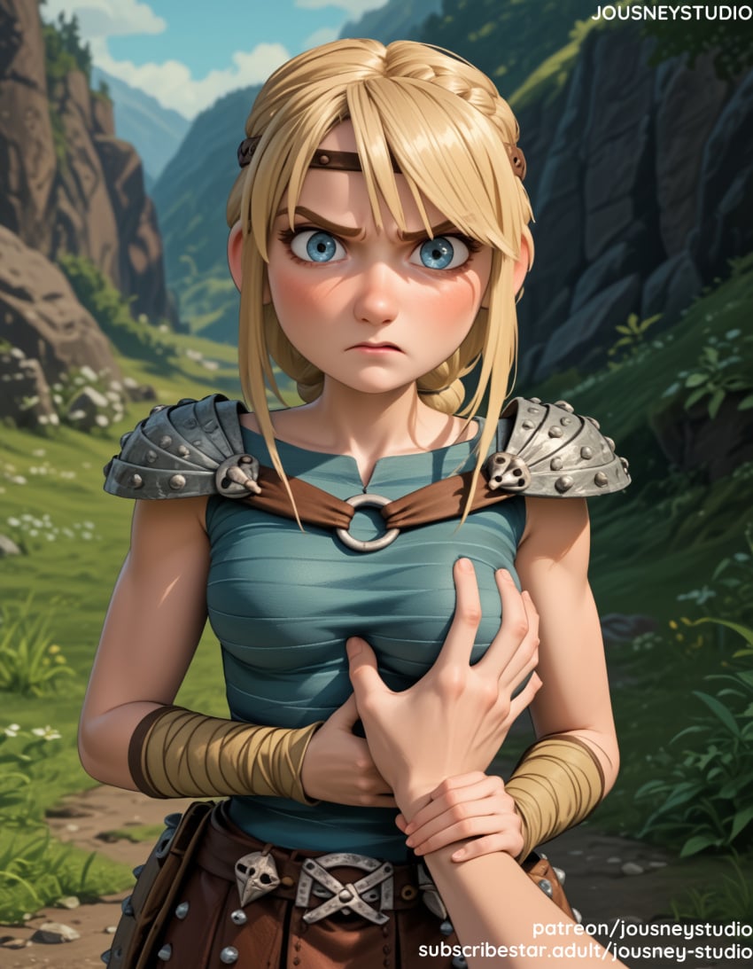 1boy ai_generated angry armor astrid_hofferson bangs belt big_breasts blonde_hair blue_eyes blue_sky blush braid breast_grab breasts closed_mouth clothing cloud crown_braid day female forest frown grabbing grass groping guided_breast_grab guiding_hand how_to_train_your_dragon jewelry jousneystudio large_breasts lips long_hair looking_at_viewer male medium_breasts mismatched_eyebrows nature nose outdoors pouch pov_hands short_hair shoulder_armor shoulder_pads sidelocks sky solo solo_focus straight tied_hair tree upper_body