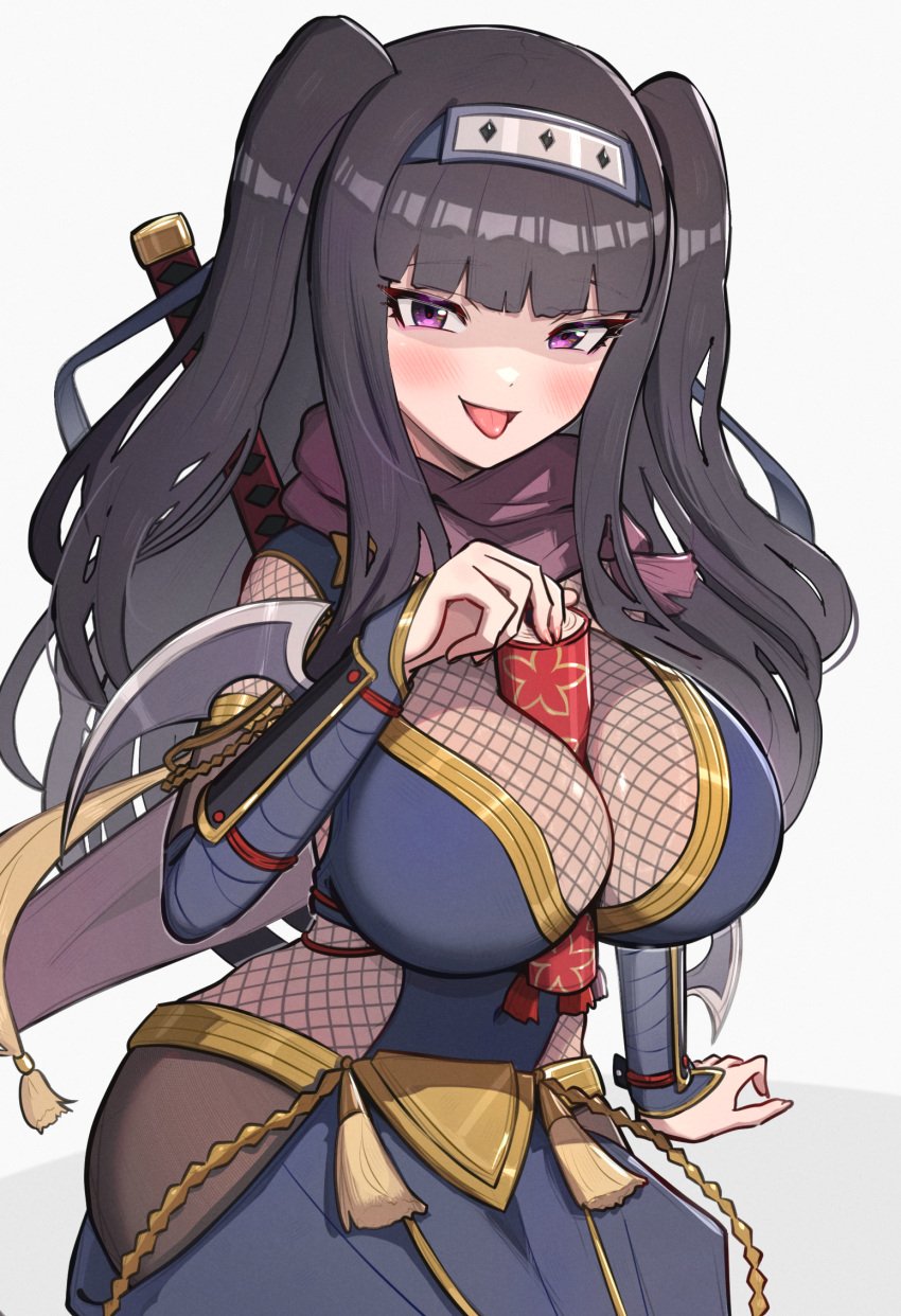 1girls between_breasts big_breasts black_hair breasts female fire_emblem fire_emblem_awakening fire_emblem_heroes gonzarez highres large_breasts long_hair nintendo object_between_breasts official_alternate_costume pop_can purple_eyes soda_can solo tharja_(fire_emblem) tharja_(ninja)_(fire_emblem) tongue tongue_out twintails