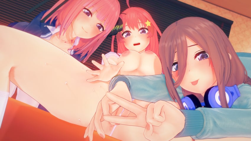 breasts cute_girl embarrassed exposed_pussy go-toubun_no_hanayome koikatsu nakano_itsuki nakano_miku nakano_nino pussy quintuplets