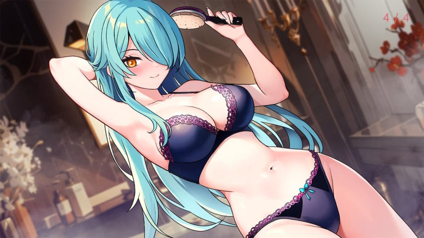 2024 ai_generated big_breasts blush bra breasts brush game_cg green_eyes hair_brush hair_over_one_eye hentai_girls hot_&_hentai lingerie long_hair official_art panties reddeer_games shirayuki_(hentai_girls) smile tagme