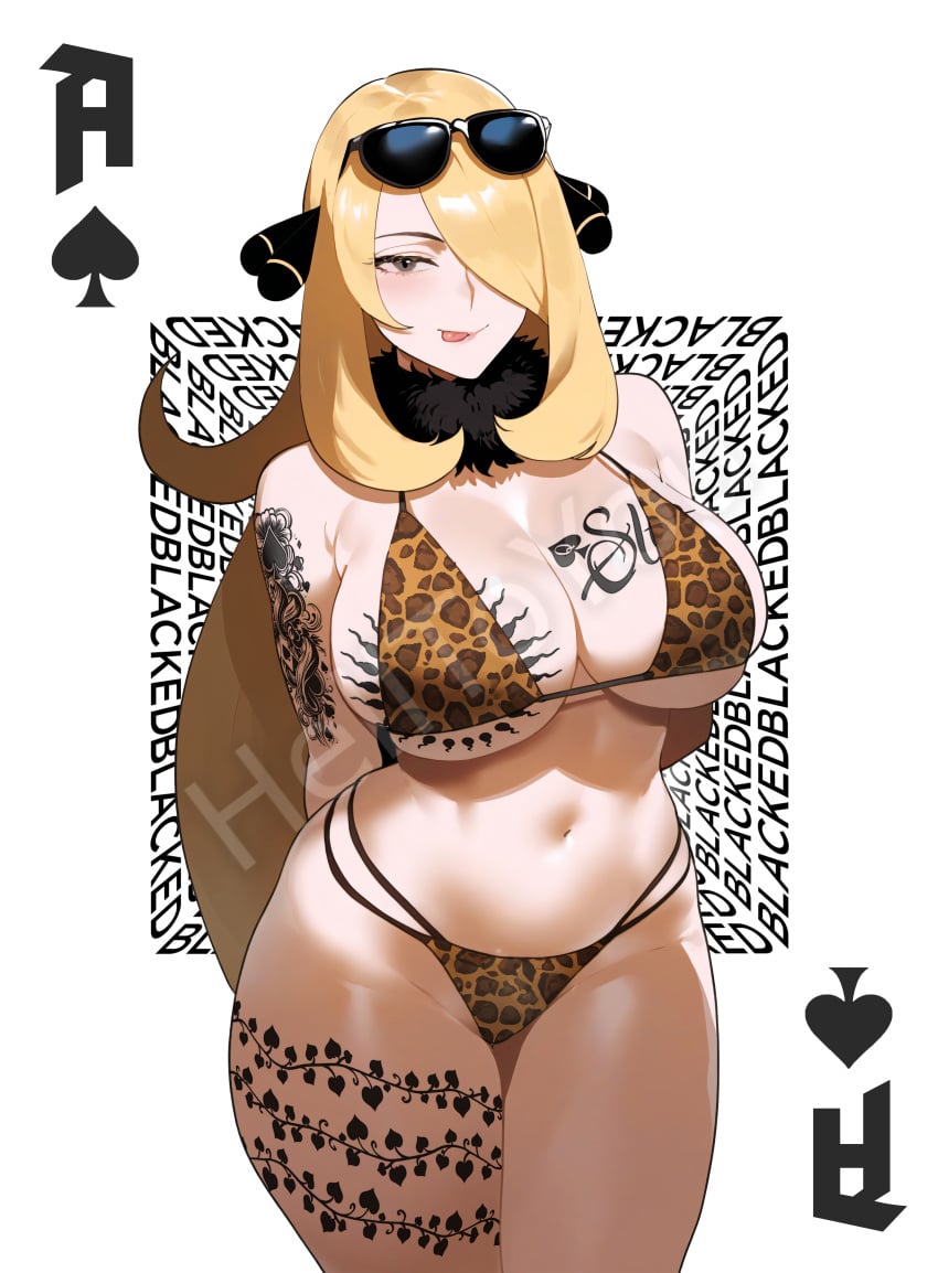 1girls ai_generated bikini blacked blonde_female blonde_hair card_(medium) cynthia_(pokemon) female female_only glasses helltoyou playing_card pokemon poker_cards queen_of_spades smile tattoo tiger