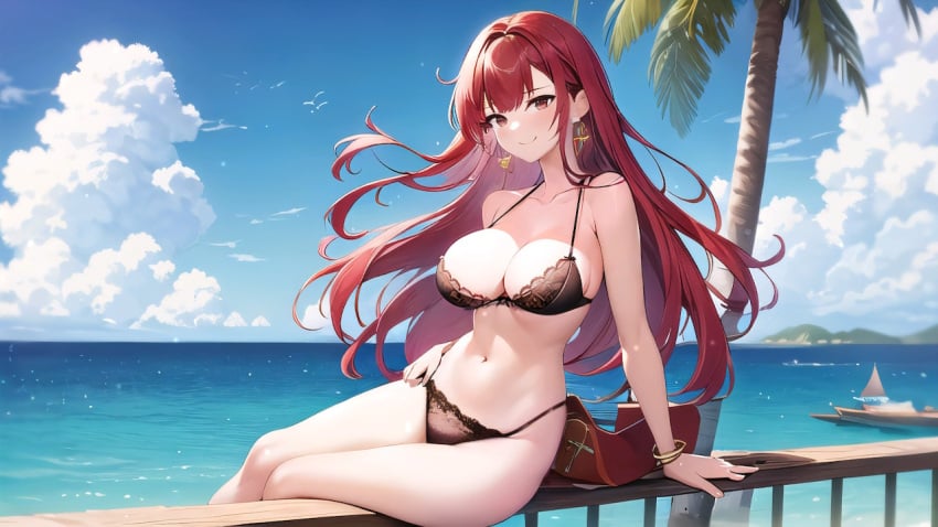 17_studio 2023 ai_generated beach big_breasts bra breasts earrings ema_(hentai_project) game_cg hentai_project lingerie long_hair official_art palm_tree panties pirate_hat red_hair sitting smile tagme tree water