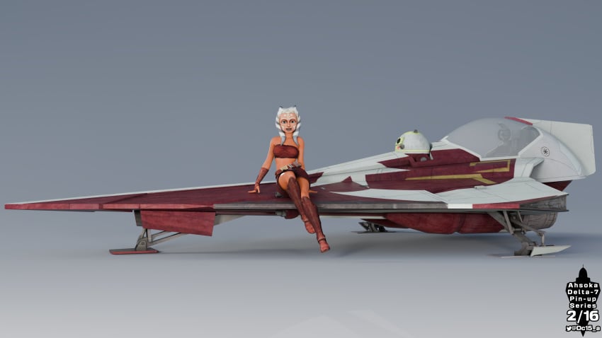 ahsoka_tano alien alien_girl astromech_droid boots clone_wars dc15-a female female_only gloves jedi jedi_padawan looking_at_viewer orange_body orange_skin pinup pinup_(style) pinup_art pinup_pose pinupgirl simple_background sitting skirt spaceship star_wars togruta tubetop