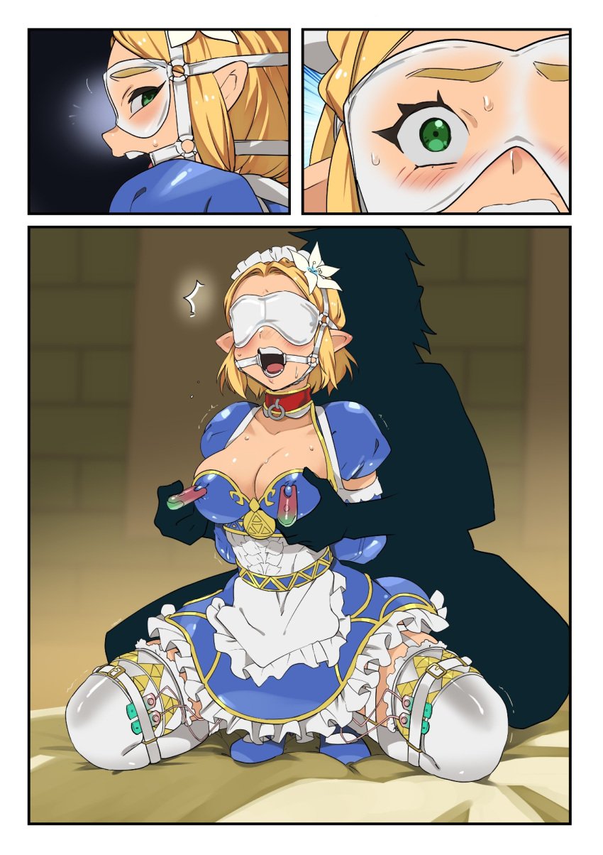 arms_behind_back blindfold blonde_hair blue_dress bondage comic egg_vibrator elf elf_ears eudetenis female femsub gag green_eyes kidnapped kneeling light_skin maid maid_uniform nipple_clamps nipple_clamps_through_clothes no_text open_mouth_gag princess_zelda red_collar ring_gag sex_toy the_legend_of_zelda vibrator white_skin