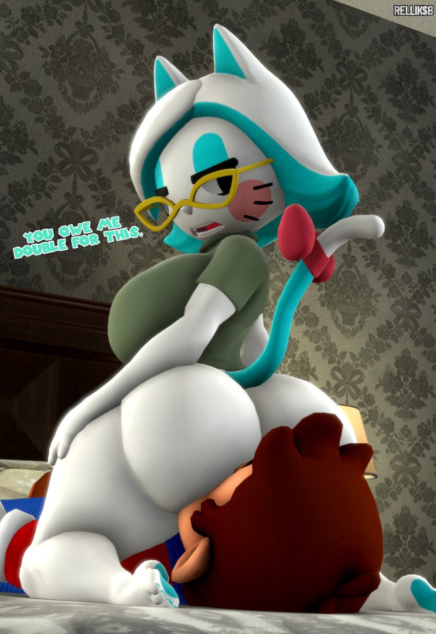 1boy 1girls 3d annoyed anthro anthro_on_human ass bed bedroom big_ass big_breasts bowtie breasts cat_tail clothed clothed_male facesitting feline female glasses karen_(smg4) looking_at_another looking_back male mario pantsless relliksb sfm smg4 source_filmmaker talking_to_another talking_to_partner text watermark