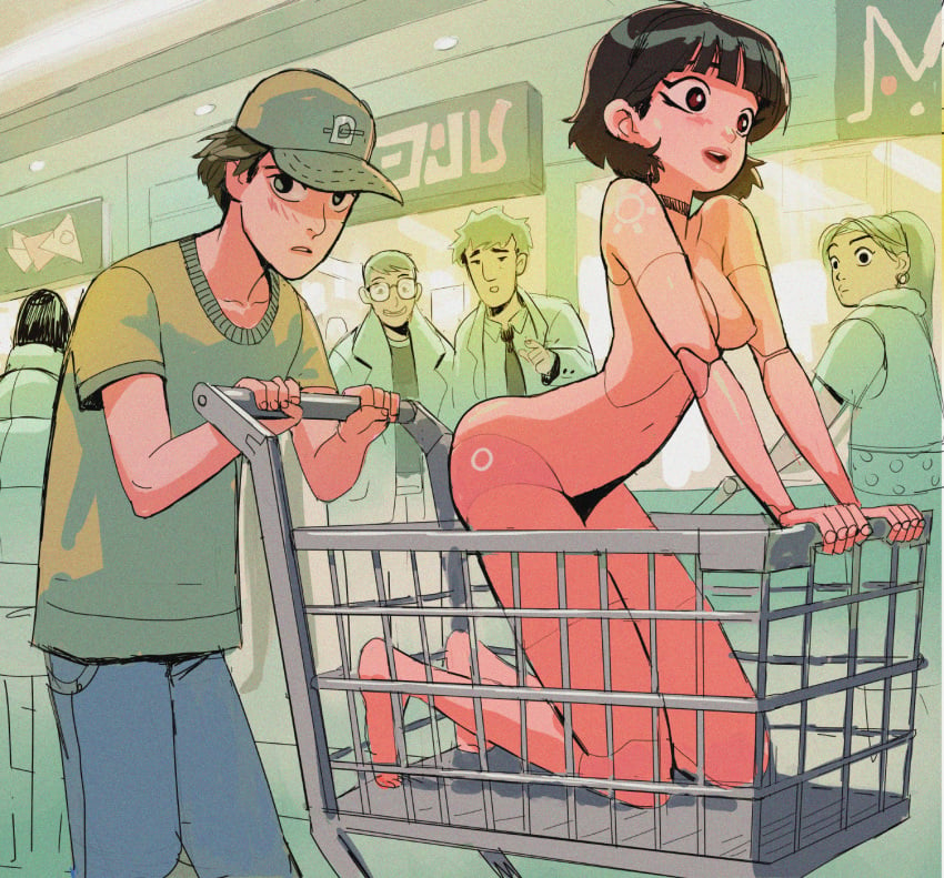 black_hair doll_joints female fembot male pervertfuel sexbot shopping_cart