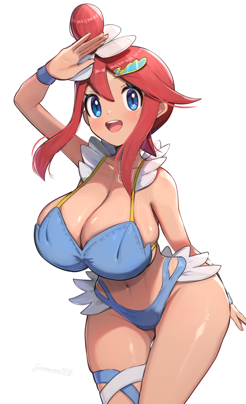 1girls absurdres alternate_costume big_breasts bikini breasts creatures_(company) dark-skinned_female dark_skin game_freak gonzarez highres large_breasts nintendo pokemon pokemon_bw red_eyes simple_background skyla_(pokemon) swimsuit white_background