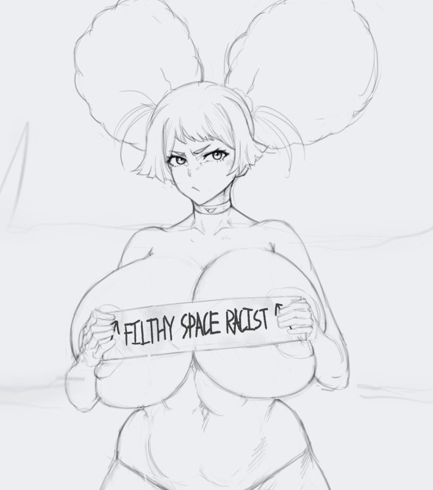 1girls big_breasts chuatury_panlunch chuchu gundam gundam_suisei_no_majo holding_sign huge_breasts looking_at_viewer monochrome sketch supersolenoid tagme voluptuous