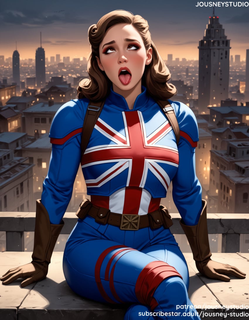 agent_carter ahe_gao ai_generated arm_support bangs belt big_breasts bodysuit boots breasts brown_eyes brown_gloves brown_hair building captain_carter city cityscape clothing cloud crossed_legs curly_hair day female female_only gloves jousneystudio large_breasts lips long_hair looking_at_viewer looking_up makeup marvel_comics medium_breasts medium_hair nose open_mouth oral_invitation outdoors pants sitting sky solo superhero teeth tongue tongue_out what_if