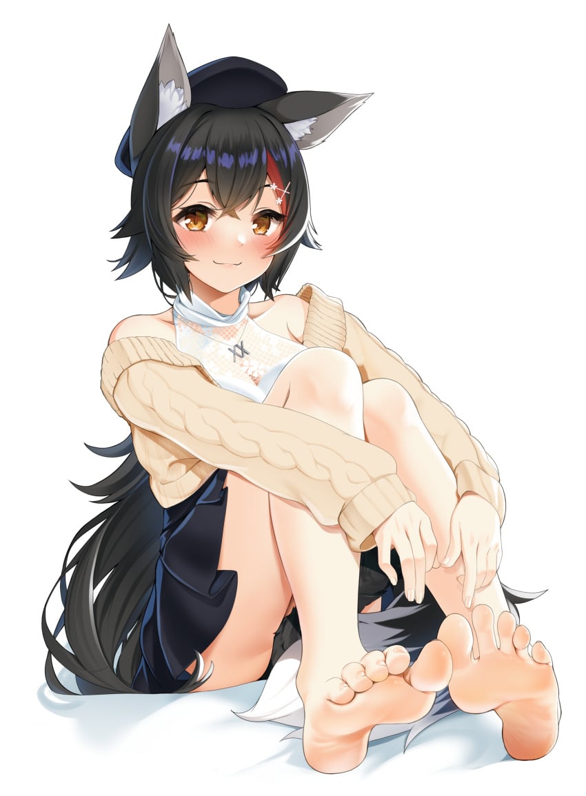 beret black_hair blush brown_eyes cardigan casino_(casinoep) feet feet_together hololive hololive_japan kemonomimi long_hair ookami_mio skirt soles toes virtual_youtuber