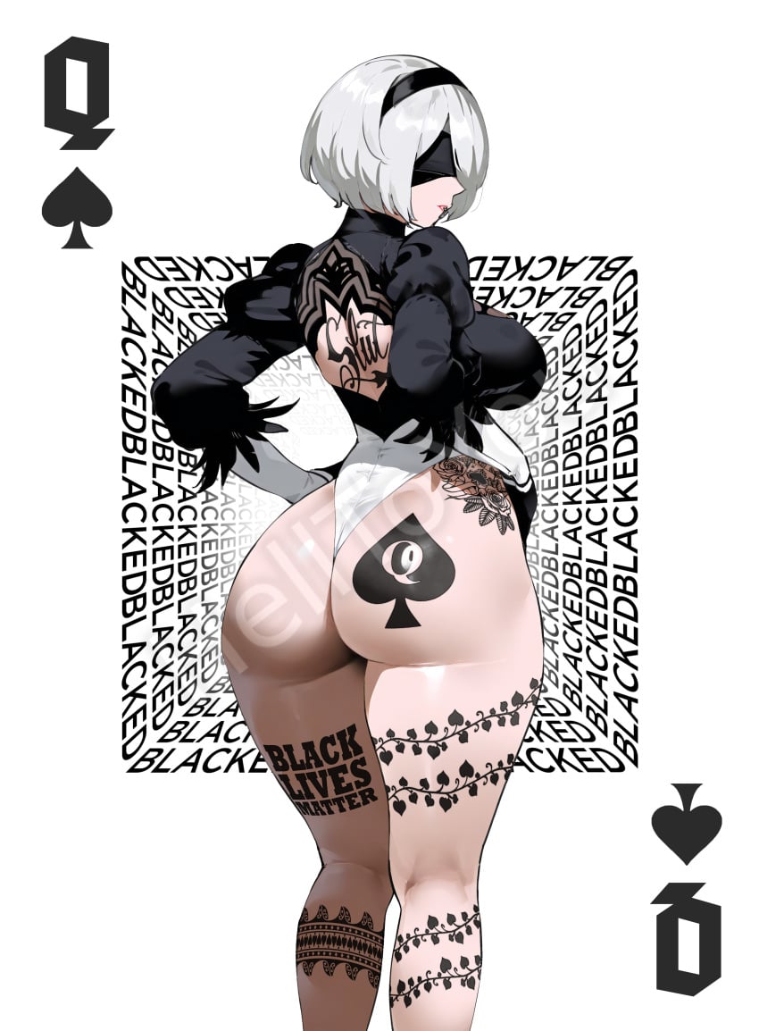 1girls ai_generated ass ass bandage blacked blacked_tattoo female female_only helltoyou light-skinned_female nier:_automata poker_cards queen_of_spades tattoo white_hair yorha_2b