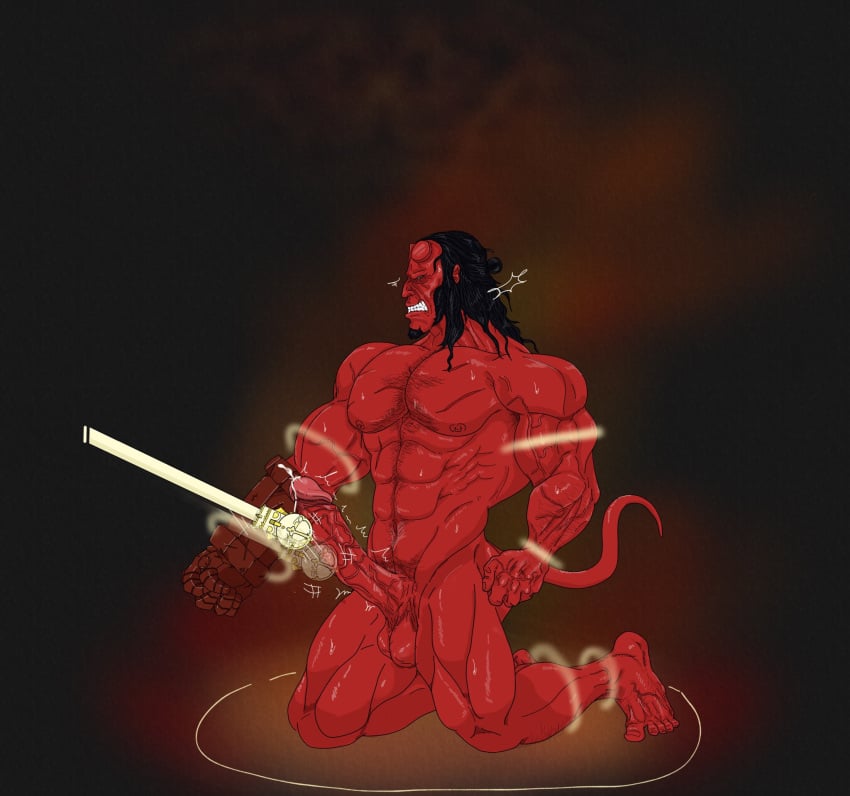 balls bara big_penis boner demon erection facial_hair hellboy hellboy_(series) liushahuiyou male male_only muscles muscular nude on_knees penis sideburns solo solo_male sweat sweating