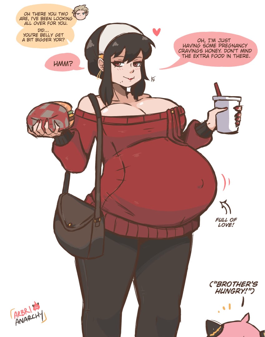 1girls anya_forger arbrianarchy big_belly big_breasts black_hair bloated_belly blush burger cleavage clothed clothing colored crumbs eating female female_focus loid_forger milf mother_and_daughter navel outie_navel pregnant ready_to_pop red_eyes spelling_error spy_x_family wholesome yor_briar