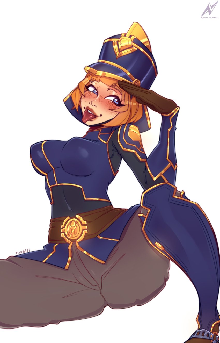 1girls arcane artist_logo bangs blue_eyes breasts freckles league_of_legends logo maddie_nolen nivelli orange_hair police_uniform policewoman presenting riot_games seductive_pose spread_legs tagme teamfight_tactics tongue_out