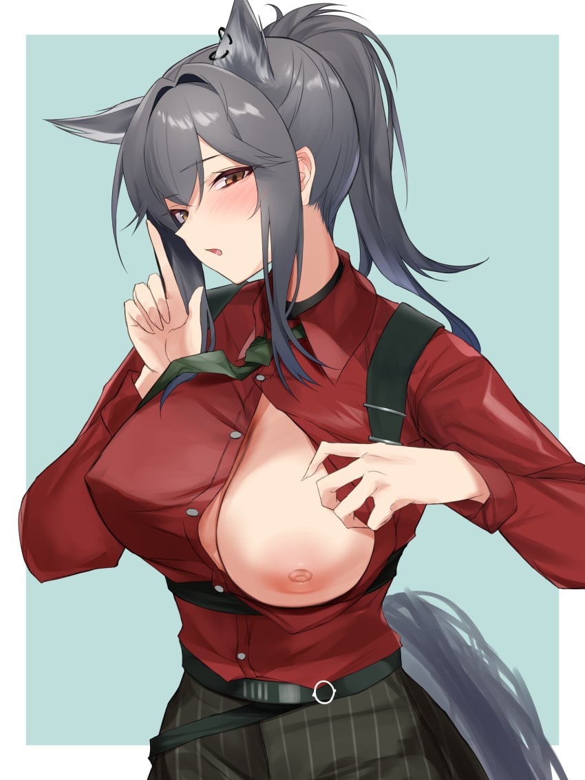 absurdres animal_ear_piercing animal_ears aqua_background arknights big_breasts blush breasts brown_eyes buttons collared_shirt commentary_request cowboy_shot dress_shirt female finger_to_mouth green_necktie grey_hair hair_intakes highres large_areolae large_breasts long_sleeves looking_at_viewer medium_hair necktie nipples no_bra official_alternate_costume open_mouth ponytail red_shirt shirt shushing sidelocks simple_background solo standing tail texas_(arknights) texas_(willpower)_(arknights) textless_version wolf_ears wolf_girl wolf_tail yomesuket