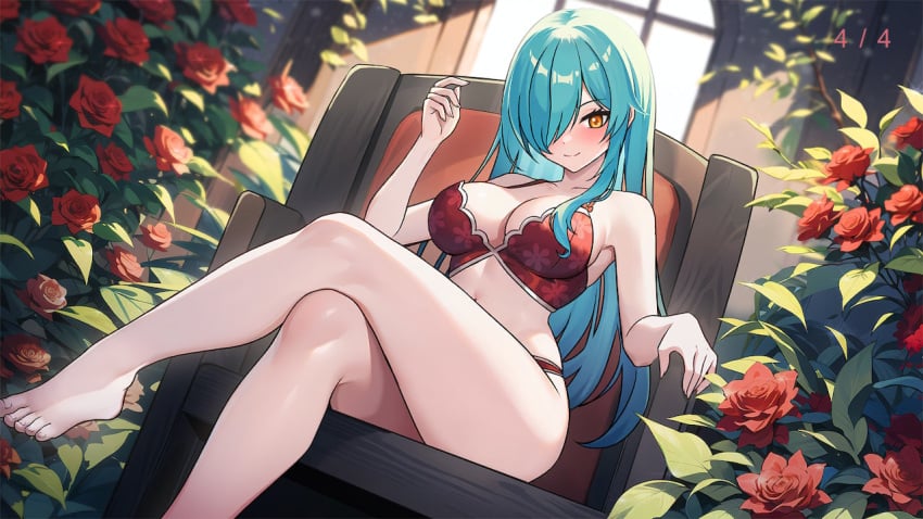 2024 ai_generated big_breasts blush bra breasts chair crossed_legs flowers game_cg green_eyes hair_over_one_eye hentai_girls hot_&_hentai legs_crossed lingerie long_hair official_art panties reddeer_games roses shirayuki_(hentai_girls) sitting sitting_on_chair smile tagme