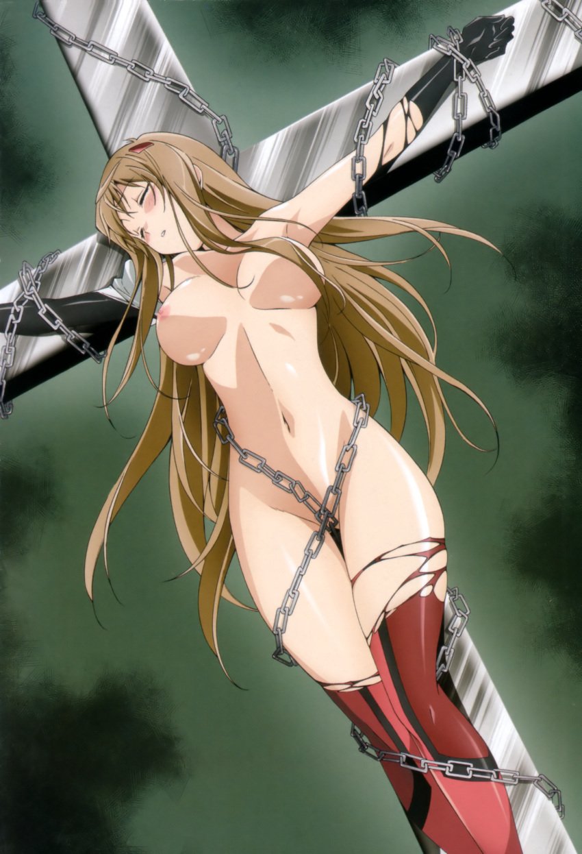 absurdres armpits armwear bondage bound breast_apart breast_mounds breasts brown_hair chains chains_on closed_eyes convenient_censoring covered_nipple covered_pussy crotch_lines crucifixion exposed_torso eyes_closed groin highres hiiragi_akao jinki large_breasts long_gloves long_hair midriff naked_gloves naked_thighhighs naked_torso navel nipples one_nipple_out shiny_skin slim_waist spread_arms torn_clothes torn_gloves torn_thighhighs tsunashima_shirou unconscious very_long_hair