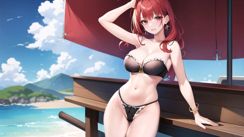 17_studio 2023 beach bench big_breasts bra breasts clouds earrings ema_(hentai_project) game_cg hentai_project lingerie long_hair official_art panties parasol red_hair sky smile tagme umbrella water