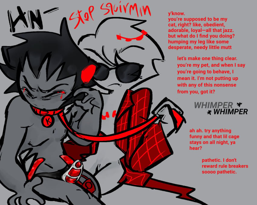 alien alien_humanoid aradidnt black_hair black_hair_male blonde_hair blonde_hair_male canon_couple collar collared color colored colored_skin cuntboy dave_strider denial dialogue dominant dominant_male glasses grey_skin headgear headwear homestuck homestuck_troll horn horns humanoid intersex karkat_vantas leash leashed male male_focus male_only mastectomy_scar name_tag nude nude_male nudity orgasm_denial partially_clothed partially_clothed_male shades short_hair short_hair_male strap-on submissive submissive_male sunglasses tears text troll whimper