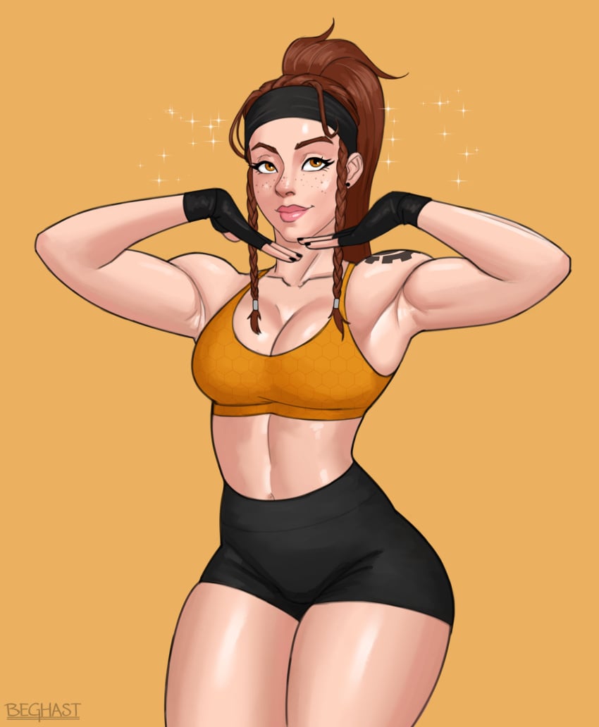 1girls armpit_fetish armpits arms_up beghast big_breasts black_nails braided_hair brigitte brigitte_lindholm brown_hair brown_hair fit_female freckles ginger ginger_hair gym_clothes gym_shorts headband high_resolution highres hourglass_figure large_breasts light-skinned_female muscular muscular_female overwatch overwatch_2 ponytail sports_bra sweaty sweaty_armpits wide_hips