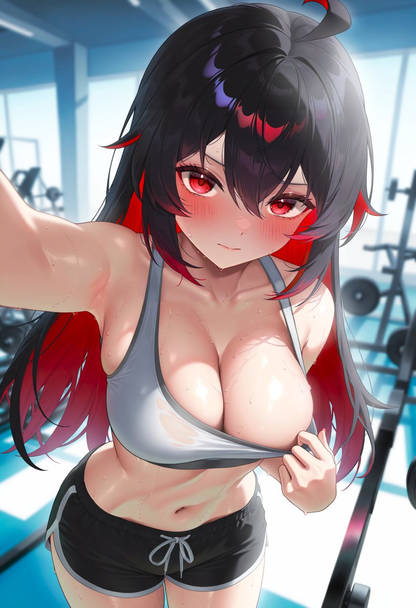 1girls ai_generated belly belly_button big_breasts breasts cleavage dyed_hair gym gym_clothes honkai:_star_rail large_breasts looking_at_viewer midriff nai_diffusion navel red_eyes red_hair seele_(honkai:_star_rail) seele_vollerei selfie shorts sports_bra stable_diffusion sweat sweating sweaty_body