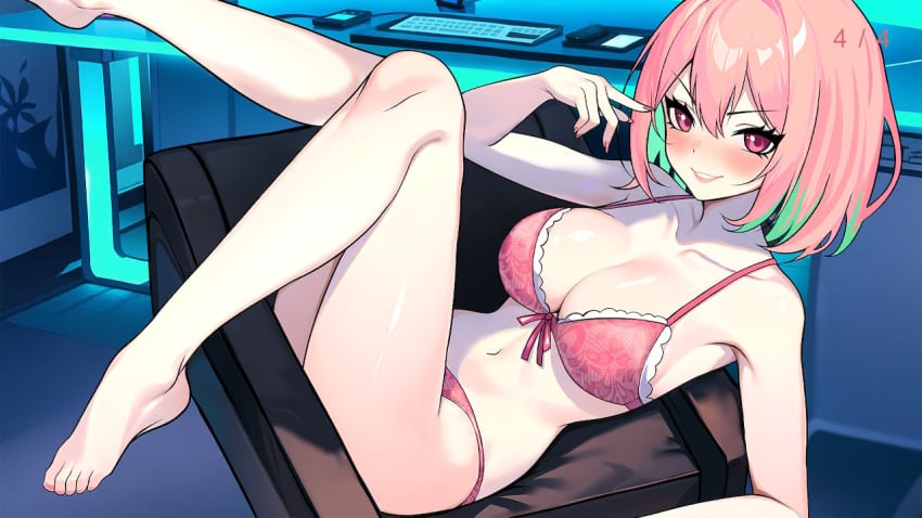 2020s 2024 ai_generated big_breasts blush bra breasts chair etsuko_(hentai_girls) game_cg hentai_girls hot_&_hentai lingerie lying lying_on_back official_art panties reddeer_games short_hair smile tagme