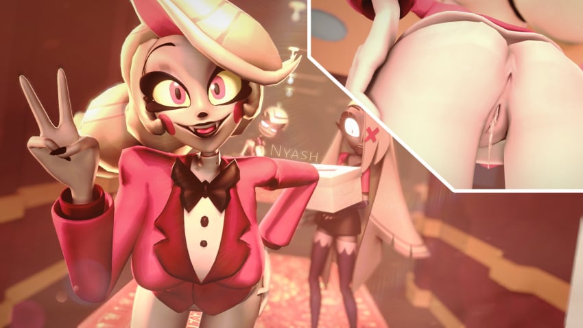 3d 3d_(artwork) ass ass_focus black_eyes blender blonde_hair charlie charlie_morningstar_(hazbin_hotel) cum cum_in_pussy demon demon_girl happy hazbin_hotel nyash_(artist) peace_sign posing public pussy sfm surprised vaggie_(hazbin_hotel)