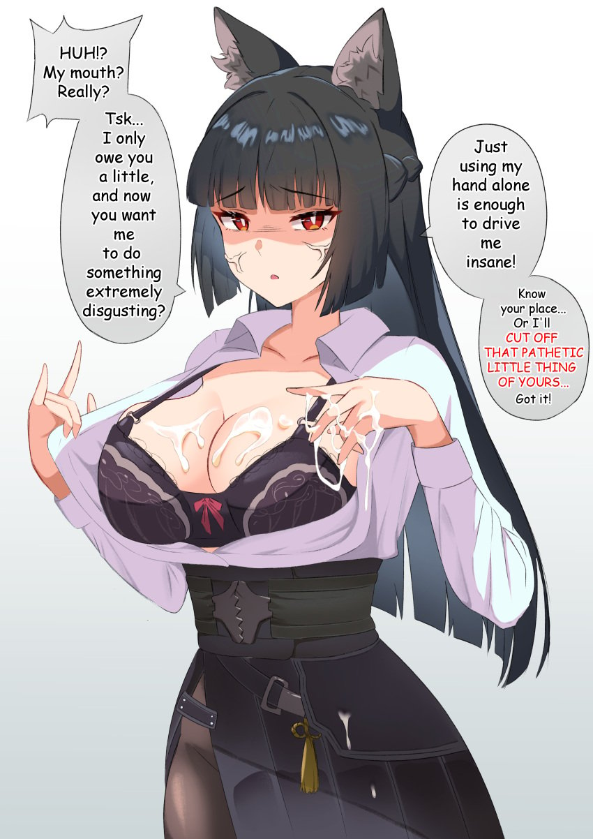 1girls angry animal_ears anthro bernardo747 black_hair bra breasts cum cum_on_body cum_on_breasts disgusted english_text femdom hoshimi_miyabi looking_at_viewer red_eyes talking_to_viewer text_bubble threat threatening threatening_viewer zenless_zone_zero