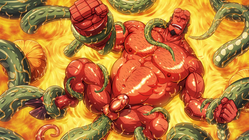 balls bara body_hair boner demon erection facial_hair hellboy hellboy_(series) male male_only muscles muscular nude penis sideburns solo solo_male spread_legs tentacle tentacle_on_male tentacle_sex zelo-lee