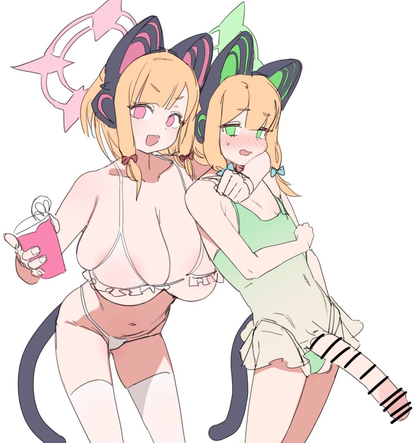 1futa 1girls alternate_breast_size big_breasts bikini blonde_hair blue_archive blush breasts busty cat_ear_headphones censor_bar censored censored_penis cleavage clothed clothing duo embarrassed erection fake_tail female futanari green_eyes gya_rb halo headphones headset headwear huge_breasts large_breasts looking_at_viewer midori_(blue_archive) momoi_(blue_archive) mostly_clothed navel open_mouth panties penis pink_eyes short_hair short_hair_with_long_locks siblings simple_background sisters smile swimsuit tail thighhighs white_background