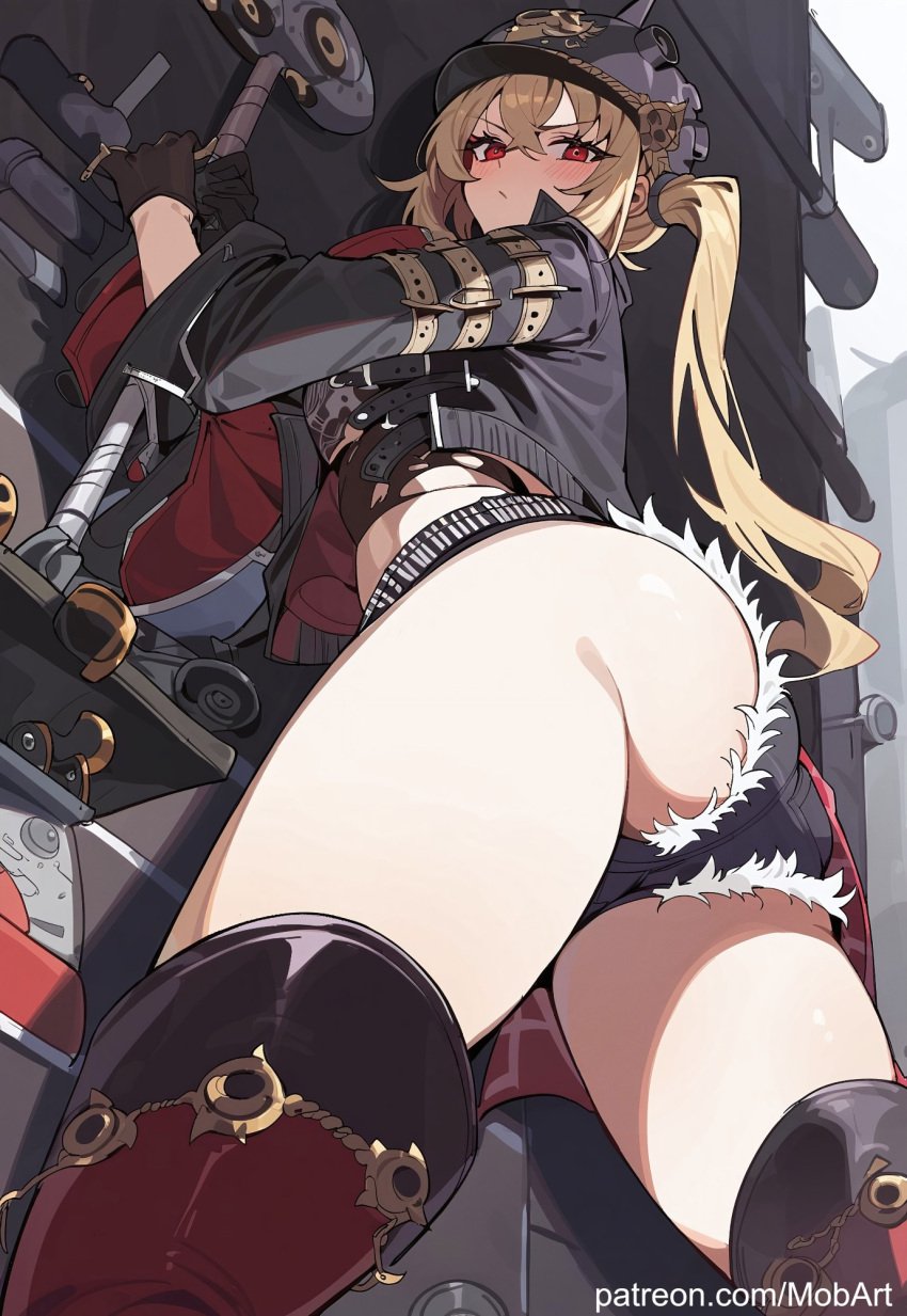 1girls ass_peek blonde_hair helmet jacket luciana_de_montefio mobart red_eyes short_shorts side_ponytail thick_thighs workshop zenless_zone_zero