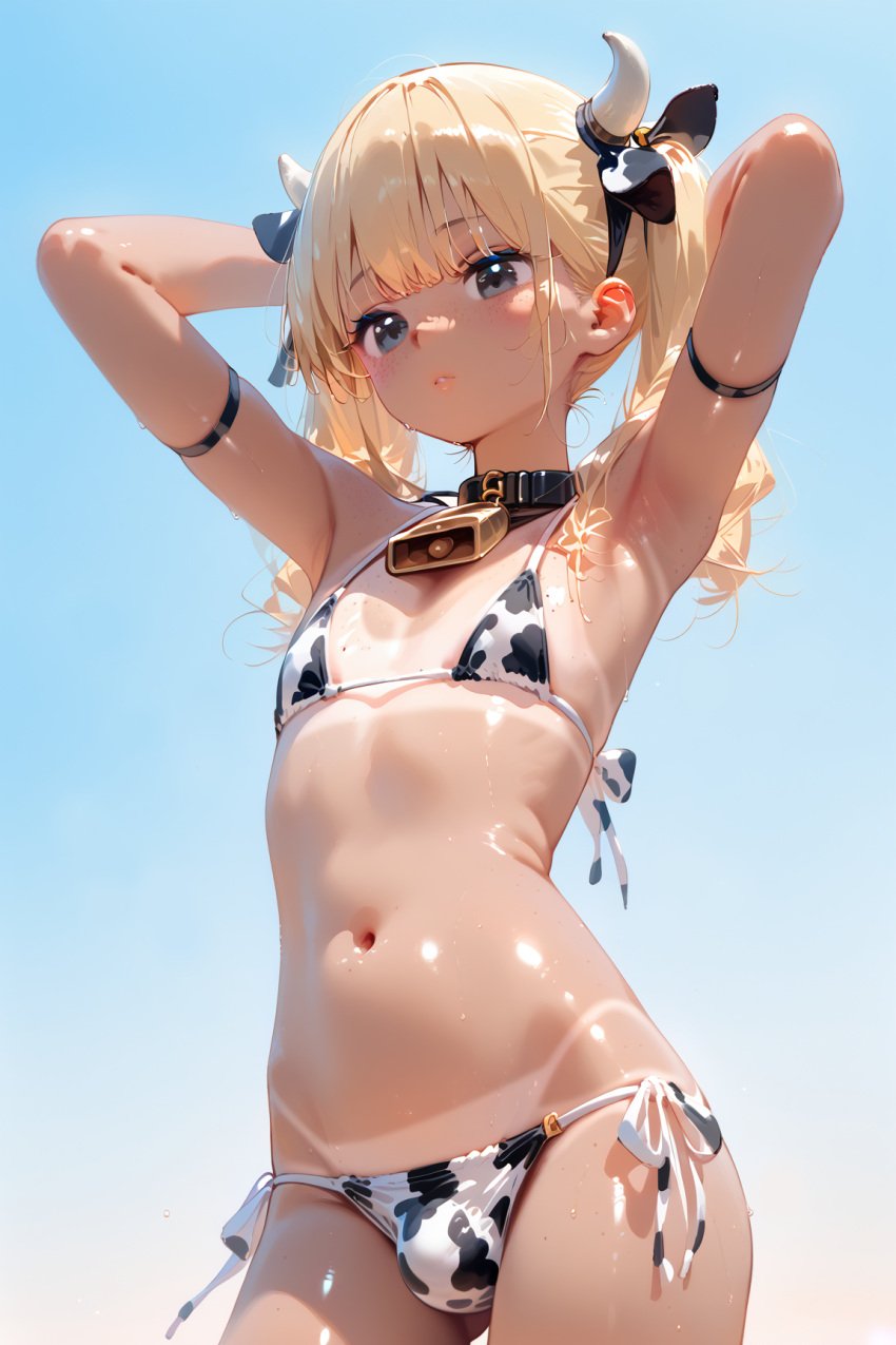 1boy ai_generated arms_behind_head bikini bulge clouds cowbell cowprint femboy male original otoko_no_ko petite self_upload sexy_armpits simple_background smile stretching tan_lines twintails