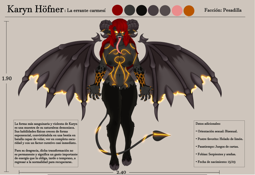 bright_eyes bright_pupils demon demon_girl demon_horns demon_humanoid demon_tail demon_wings fangs female_only furry gluyhan karyn_höfner long_hair long_tongue marks_on_body oc red_hair