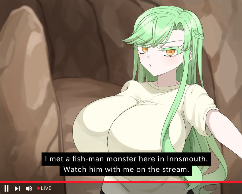 1girls big_breasts breasts busty curvaceous curvy curvy_body curvy_female curvy_figure english english_text female green_hair huge_breasts large_breasts merode original original_character text voluptuous yopp_u youtube