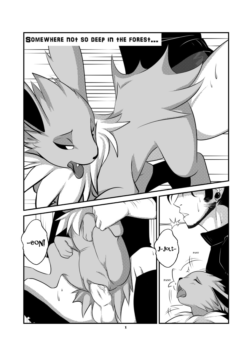 adventures_of_a_pokephile closed_eyes comic duo eeveelution english_text female feral greyscale hi_res human human_on_feral interspecies jolly-jak jolteon looking_back male male_on_feral male_penetrating mammal monochrome nintendo nude penetration penis pokemon pokephilia pussy sex simple_background straight text tongue tongue_out vaginal_penetration video_games zoophilia