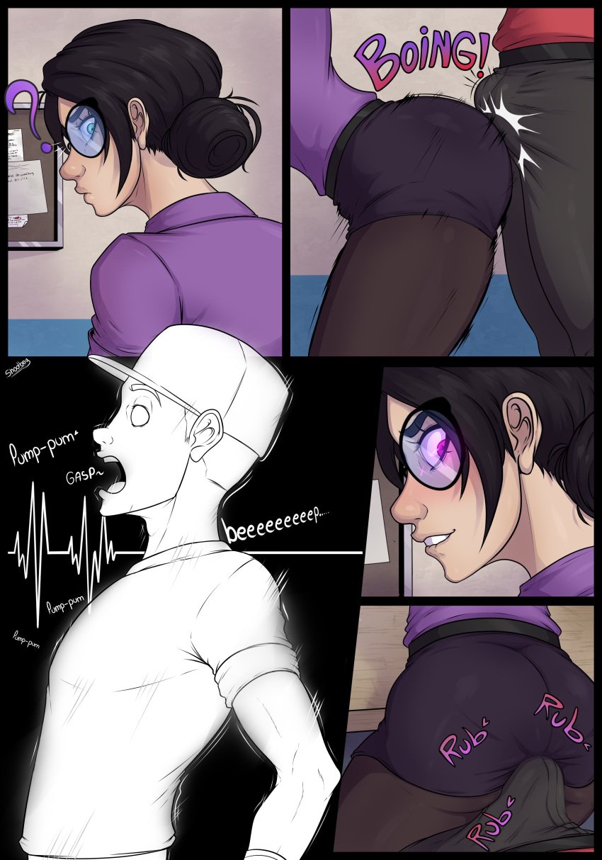 1boy 1girls absurd_res ass black_hair buttjob clothed_sex comic erection erection_under_clothes glasses grinding heart heart-shaped_pupils hi_res looking_back miss_pauling motion_lines scout_(team_fortress_2) shadboy skirt sound_effects straight team_fortress_2 tights valve