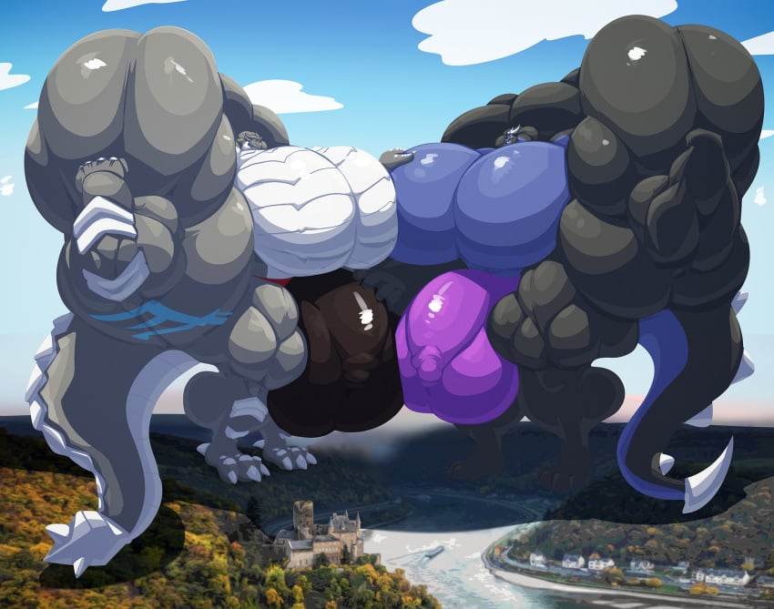 anthro balls barazoku biceps big_balls big_bulge big_muscles big_penis blue_eyes bobert bulge caerulus_eisklaue clothing detailed_background digital_media_(artwork) digitigrade dragon duo flaccid flexing genitals grey_body hi_res huge_balls huge_bulge huge_cock huge_muscles hyper hyper_balls hyper_bulge hyper_genitalia hyper_muscles hyper_penis kaiju kardukk kobold looking_at_another macro male male/male multicolored_body muscular muscular_anthro muscular_male mythological_creature mythological_scalie mythology paws pecs penis reptile scalie shaded spikes standing teasing triceps two_tone_body two_tone_tail underwear white_body