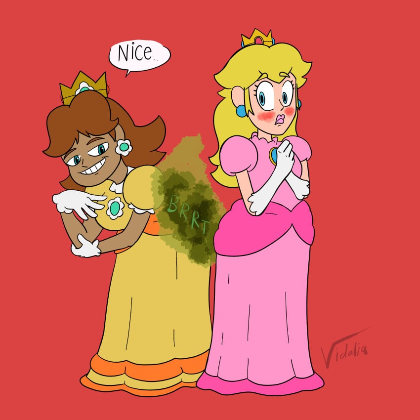 admiring best_friends blonde_hair blush brown_hair embarrassed fart fart_cloud fart_fetish farting mario_(series) nintendo princess princess_daisy princess_peach tan_body turned_on vidaliasmells yuri