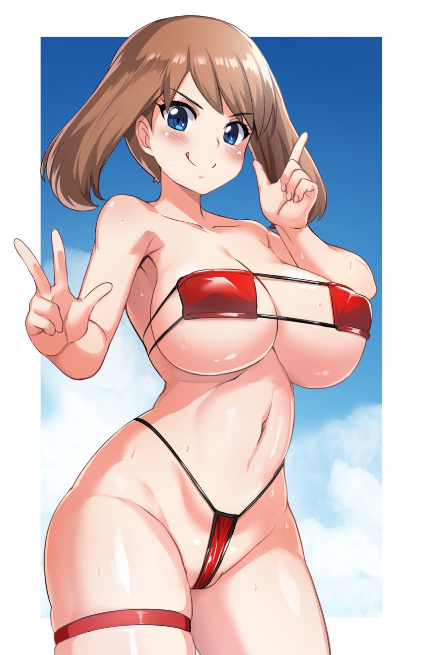 1girls bikini blue_eyes breasts brown_hair eyepatch_bikini female huge_breasts light-skinned_female light_skin long_hair maki_ikazuya may_(pokemon) naughty_face nintendo pokemon pokemon_rse red_bikini